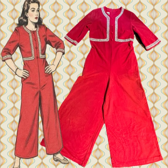 Vintage Pants - VINTAGE MCM union suit jumpsuit romper‎ wide leg pants red tinsel button front
